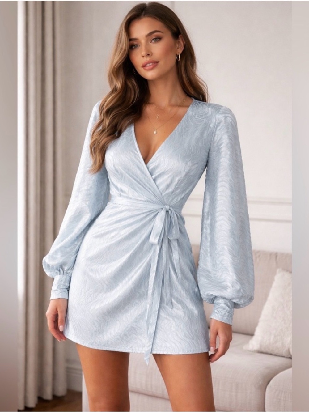Art Dealer Blue Wrap Mini Dress with Balloon Sleeves